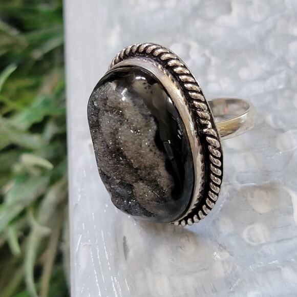 Black Druzy Quartz Statement rings, Sterling Silver Ring, Size 8 - Picture 3 of 10